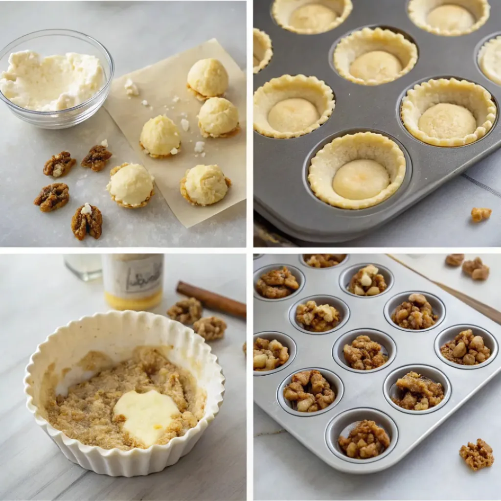 Maple Walnut Tassies - Flaky Cream Cheese Pastry Mini Tarts 7 Step-by-step collage showing pastry dough, tart shells, maple walnut filling, baking, cooling, and serving tassies.