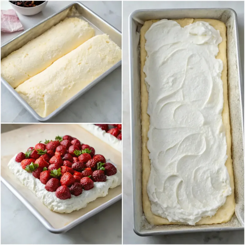 Meringue Roulade - Crisp Marshmallow Cream Holiday Showstopper 7 Step-by-step collage showing whipped meringue, baking, whipped cream filling, rolling, and slicing the roulade.