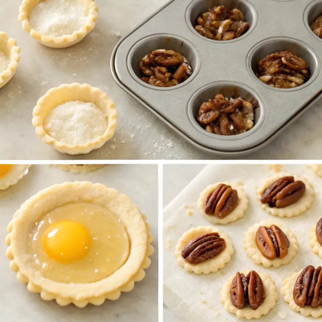 Mini Pecan Tarts - Buttery Flaky Holiday Bakery Bites 7 Step-by-step collage showing mini pastry shells filled with pecan filling, baked until golden, and served as individual tarts.