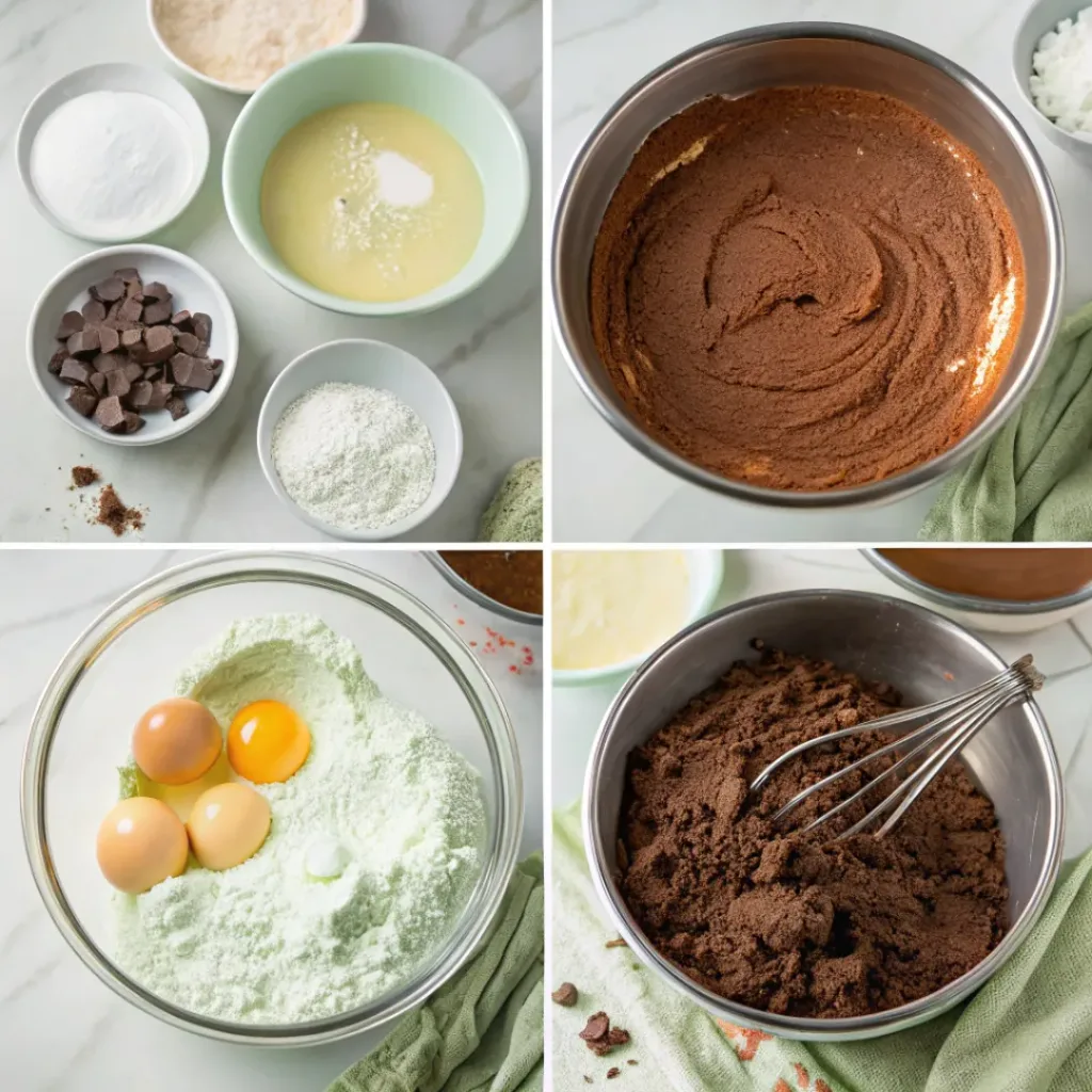 Step-by-step collage showing chocolate cake batter, baking layers, mint frosting, ganache, and cake assembly.