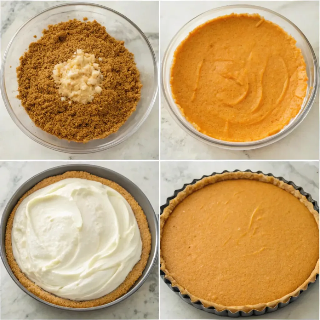 Step-by-step collage showing the graham cracker crust, pumpkin mousse filling, pie assembly, chilling, topping, and serving.