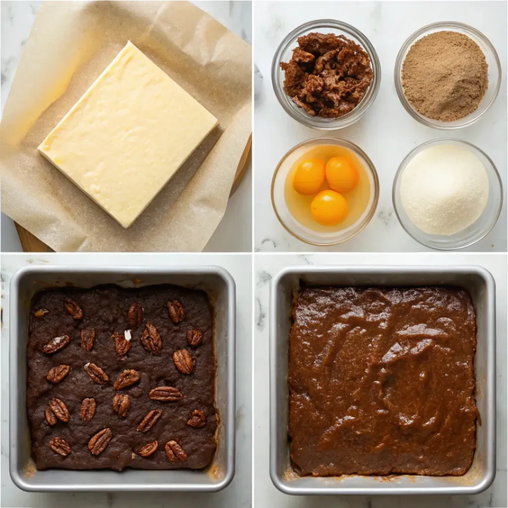 Step-by-step collage showing brownie batter, pecan topping, baking, cooling, and slicing pecan pie brownies.