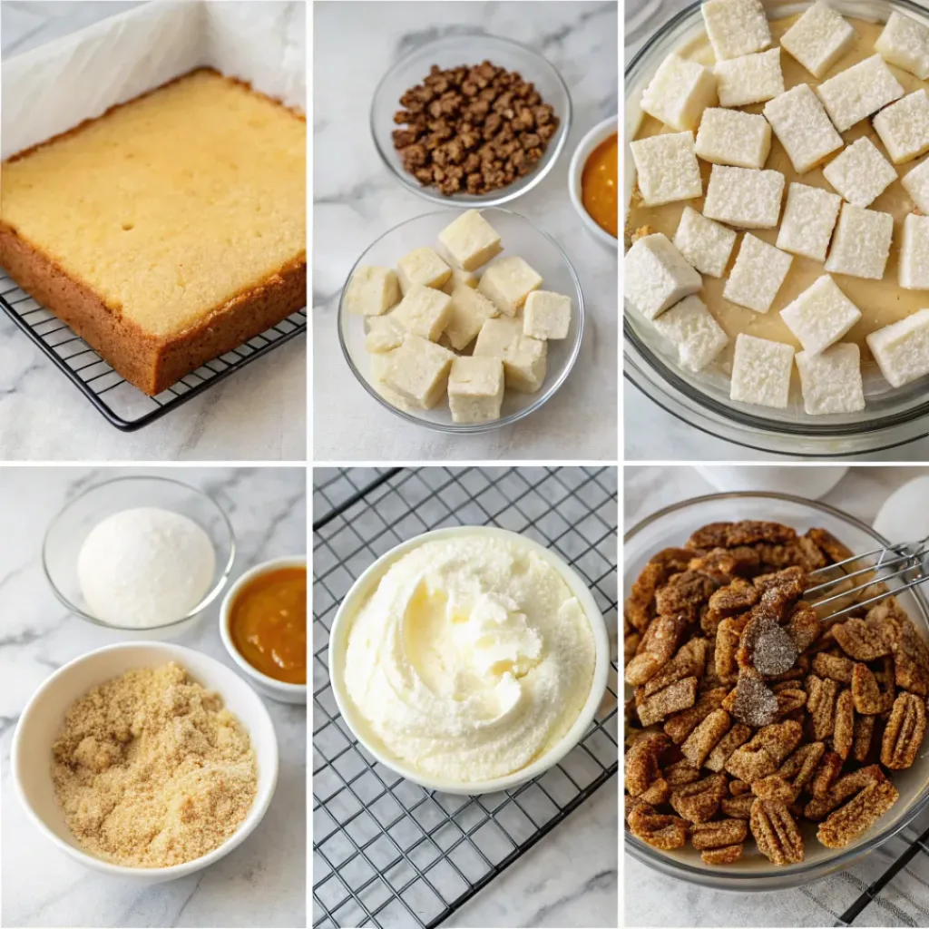 Pecan Pie Trifle - Decadent No-Bake Holiday Showstopper 7 Step-by-step collage showing vanilla cake, creamy filling, caramelized pecans, layering, chilling, and serving the trifle.