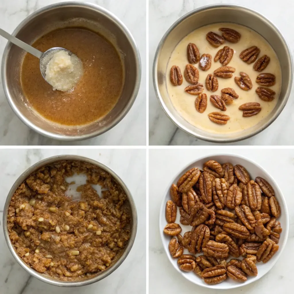 Step-by-step collage showing caramel mixture, toasted pecans, cooking, shaping, and cooling homemade pecan pralines.