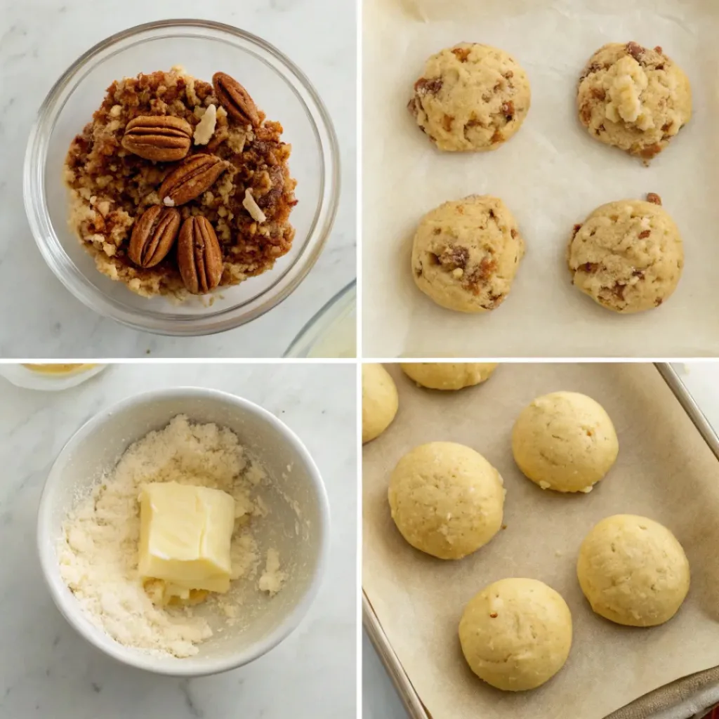 Pecan Sandies - Buttery Shortbread Cookies 7 Step-by-step collage showing cookie dough, chopped pecans, shaping, baking, and cooling pecan sandies.