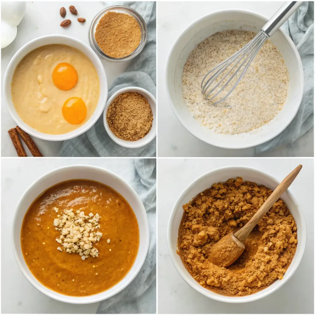 Step-by-step collage showing pumpkin oatmeal mixture, baking dish, topping, baking, and serving.