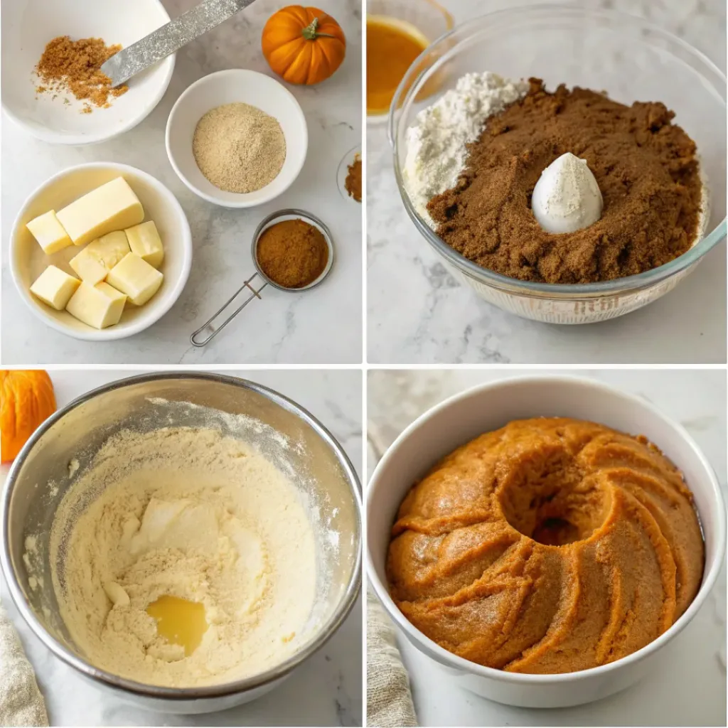 Step-by-step collage showing pumpkin cake batter, preparing the Bundt pan, baking, glazing, and slicing the cake.
