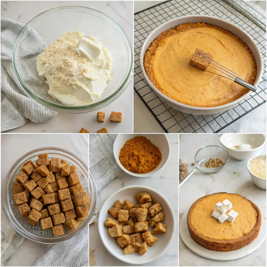 Pumpkin Cheesecake Trifle - Creamy No-Bake Autumn Layered Dessert 7 Step-by-step collage showing pumpkin cake, cheesecake filling, whipped cream, layering, chilling, and serving the trifle.