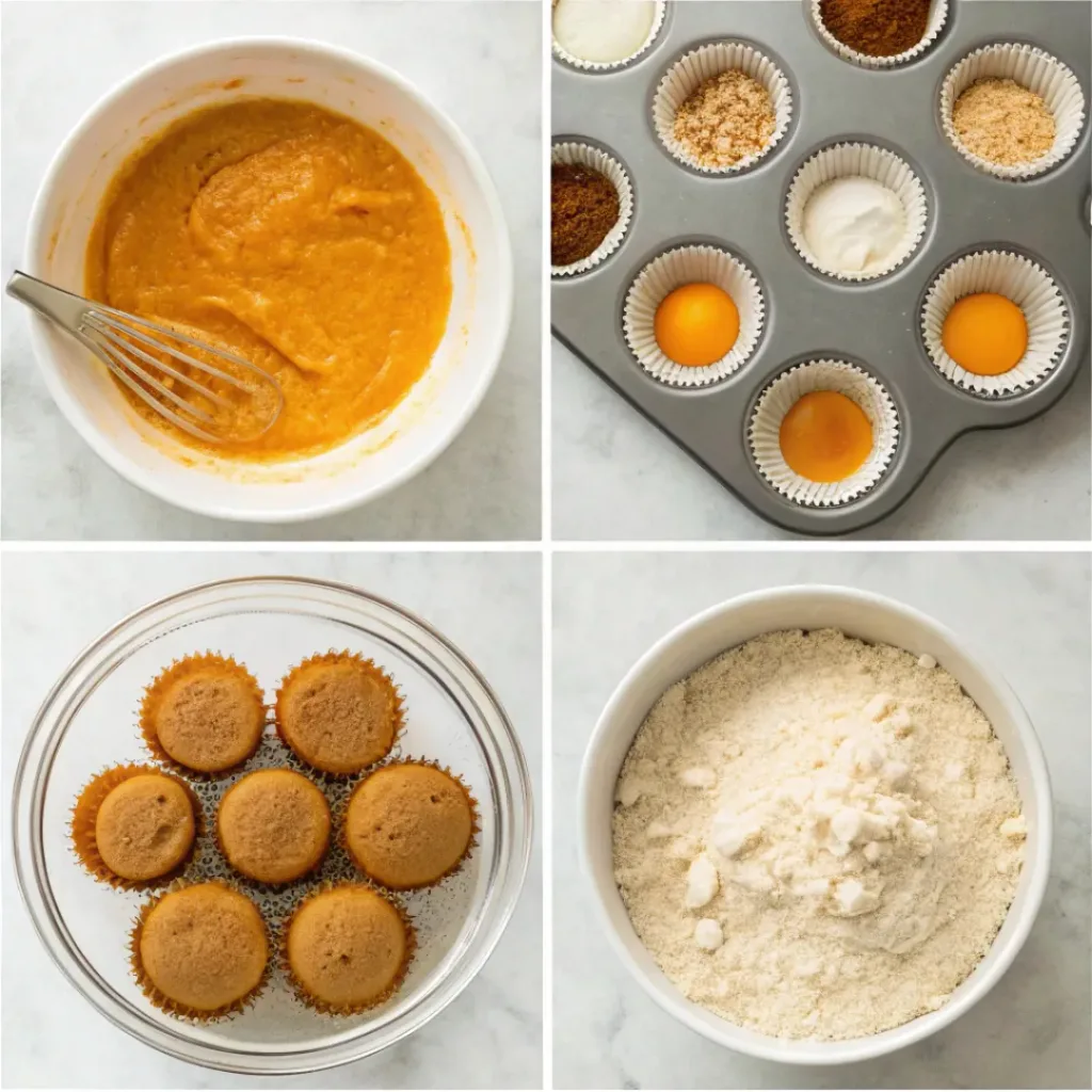 Step-by-step collage showing making pumpkin batter, baking cupcakes, preparing coffee buttercream, and decorating.