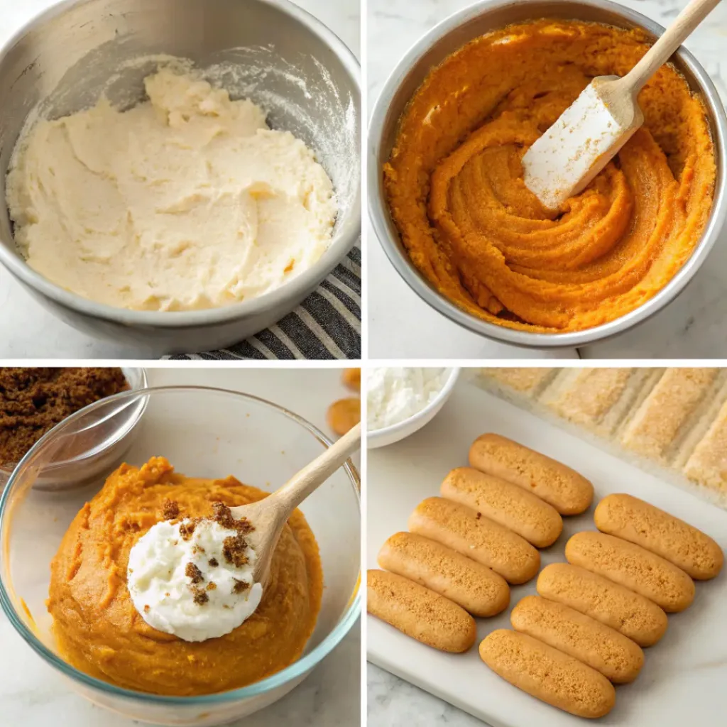 Pumpkin Tiramisu - Silky Spiced Autumn Layered Dessert 7 Step-by-step collage showing pumpkin mascarpone cream, soaked ladyfingers, layered filling, chilling, and serving pumpkin tiramisu.