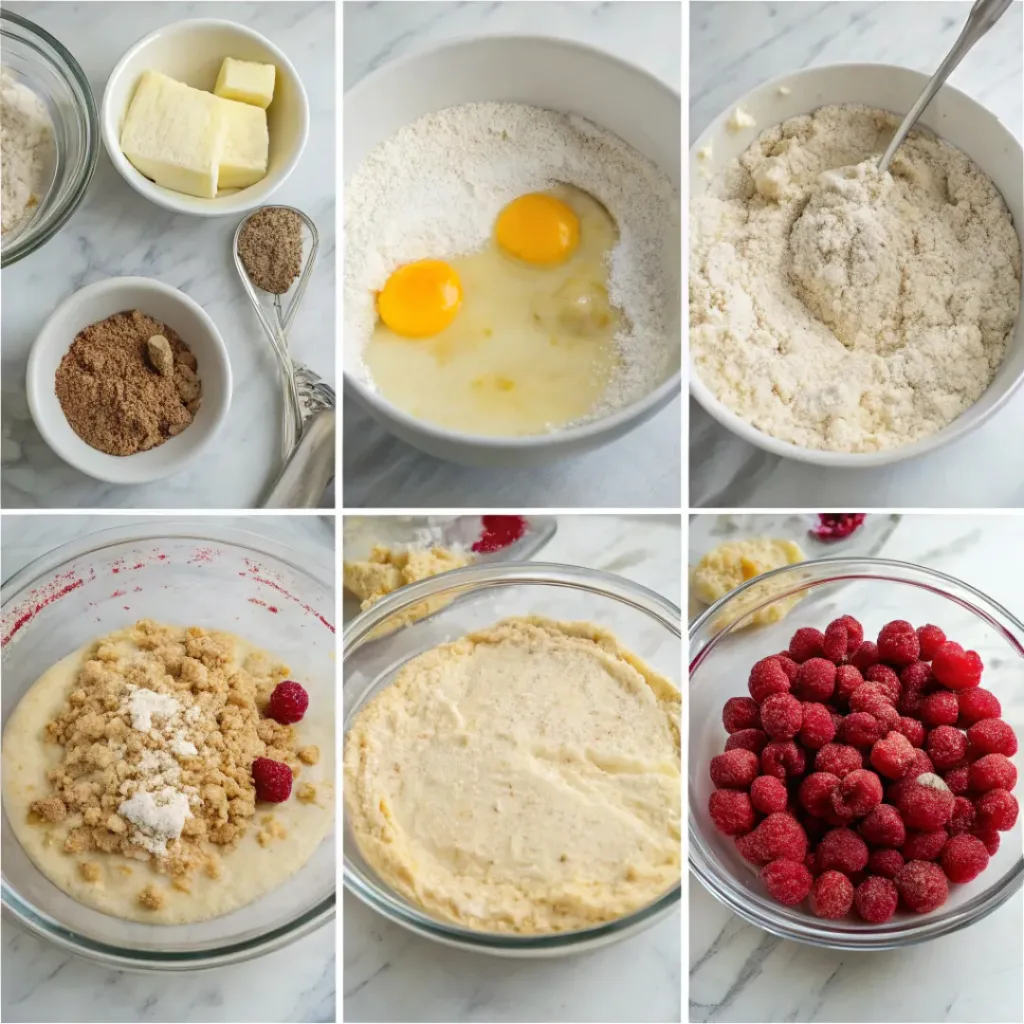 Step-by-step collage showing almond cake batter, raspberries, crumb topping, baking, cooling, and slicing.