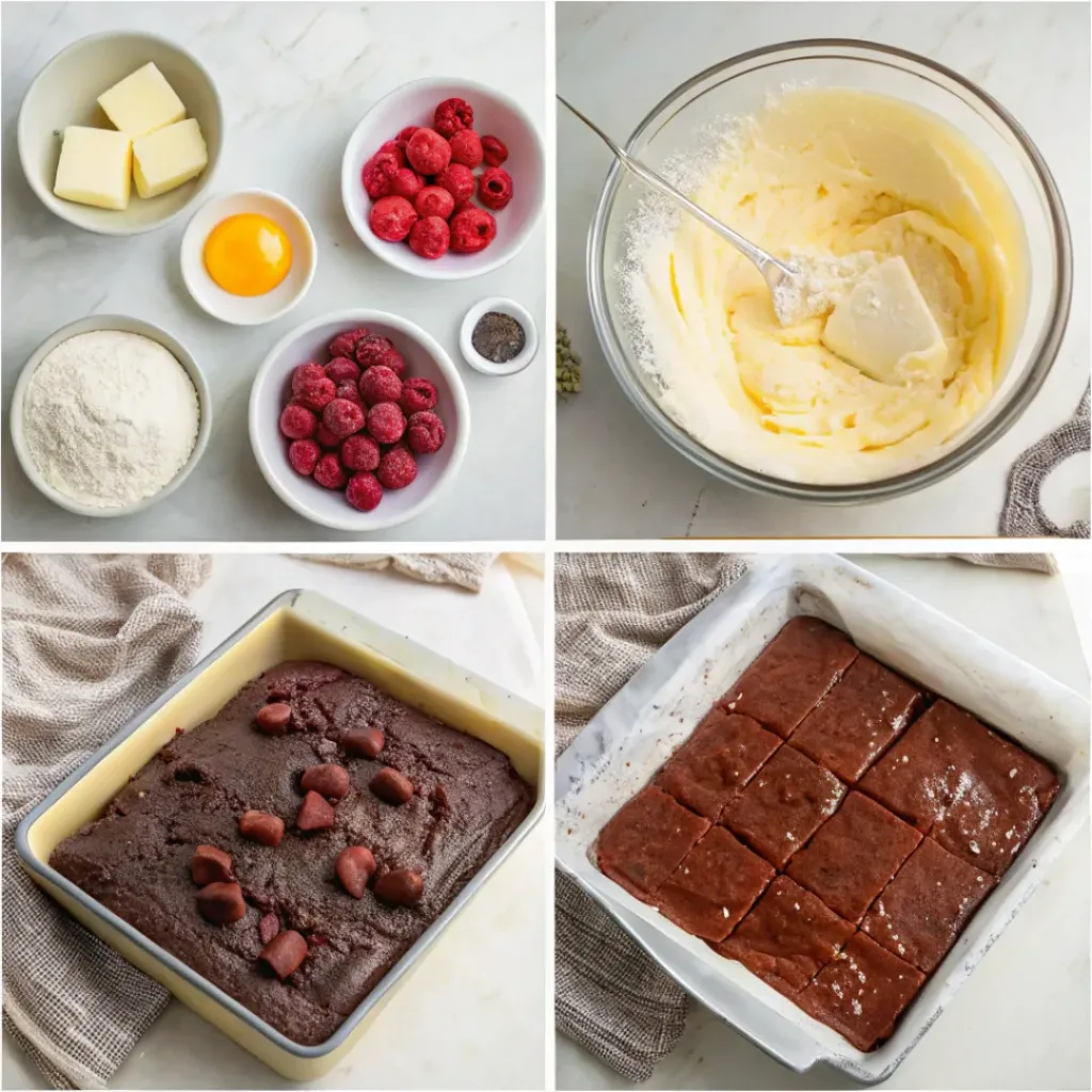 Step-by-step collage showing brownie batter, cheesecake filling, raspberry sauce, swirling, baking, and slicing.