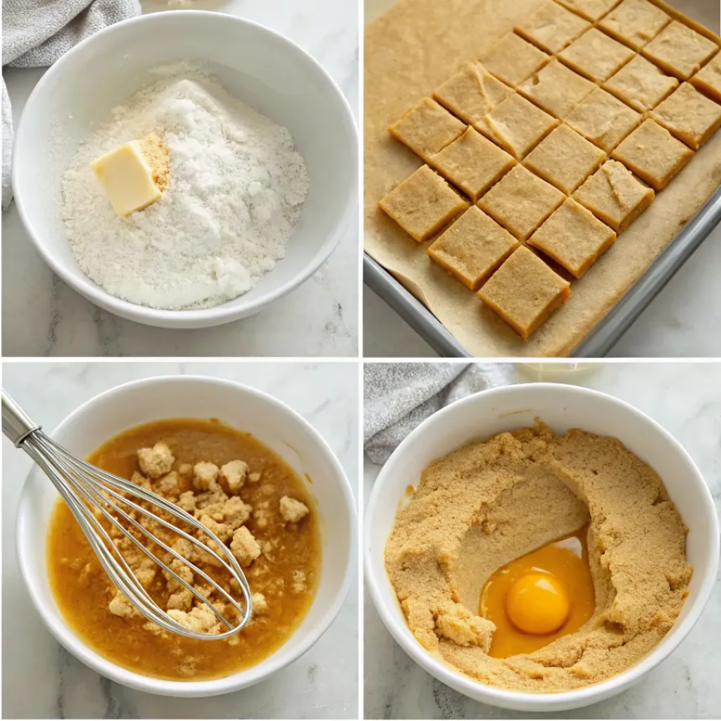 Step-by-step collage showing blondie batter, butterscotch chips, baking, cooling, slicing, and sea salt topping.