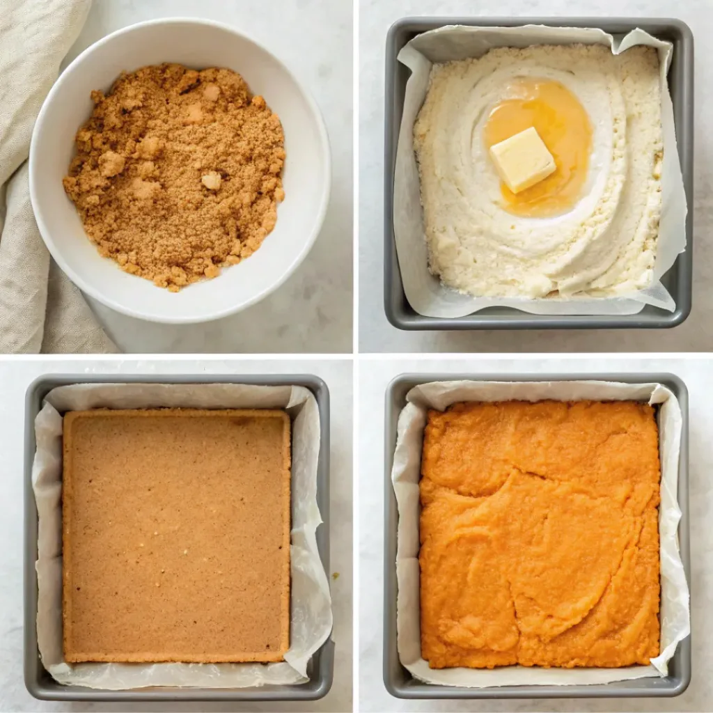 Sweet Potato Cheesecake Bars - Creamy Spiced Autumn Dessert Squares 7 Step-by-step collage showing preparing the crust, sweet potato cheesecake filling, baking, cooling, and slicing the bars.