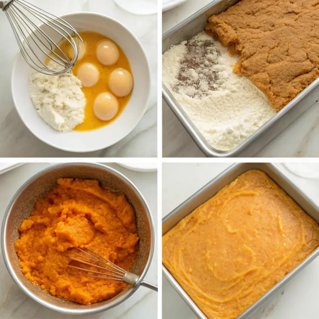 Step-by-step collage showing sweet potato cake batter, baking, frosting, topping, and slicing the finished sheet cake.