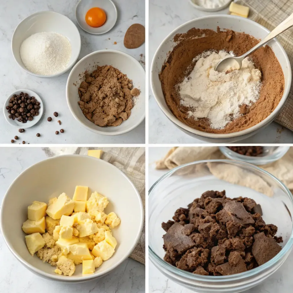 Step-by-step collage showing chocolate scone dough, adding chocolate chips, shaping wedges, baking, and glazing.
