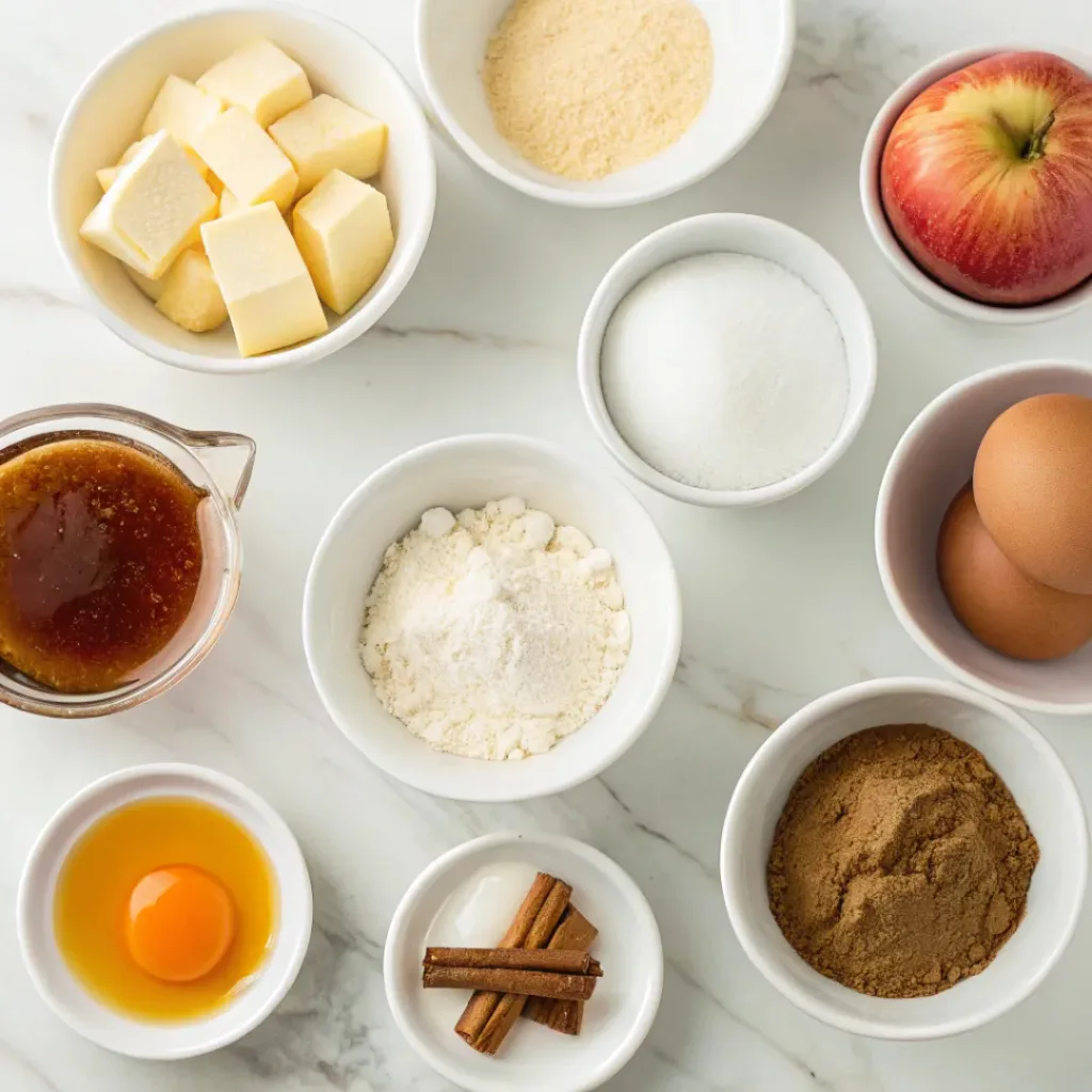 Apple cider, flour, butter, sugar, eggs, cinnamon, nutmeg, and vanilla arranged for apple cider cupcakes.
