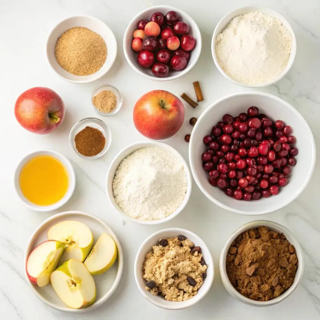 Apples, cranberries, flour, oats, butter, brown sugar, cinnamon, and pie dough arranged for apple cranberry crumble pie.