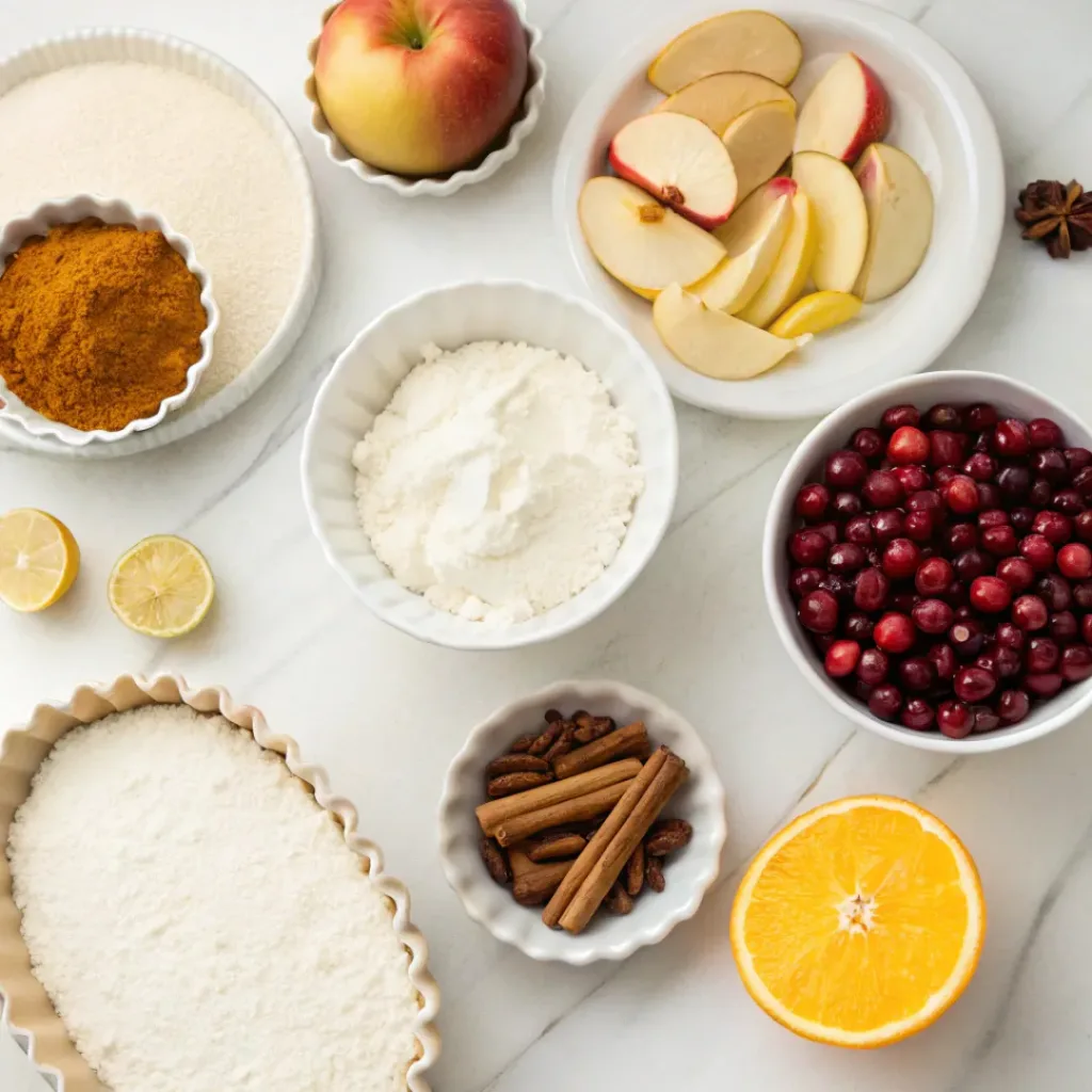 Apples, cranberries, flour, butter, sugar, cinnamon, orange, and pie dough arranged for apple cranberry pie.