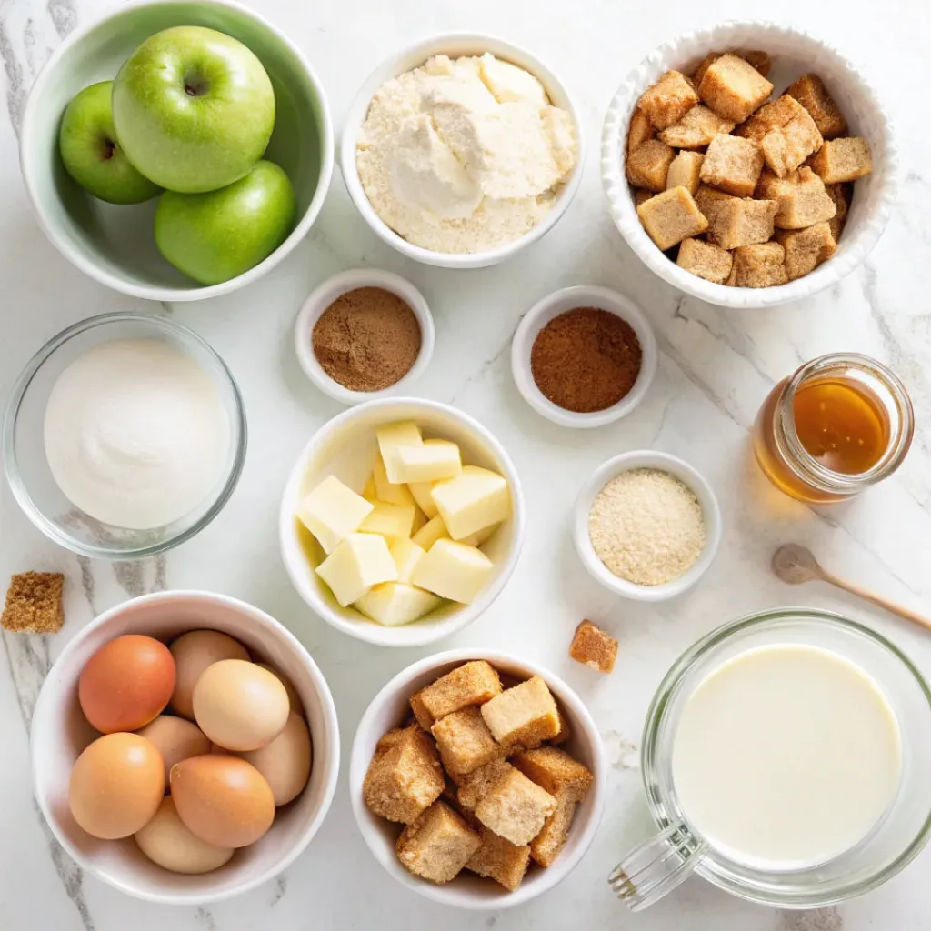 Bread, apples, eggs, milk, butter, brown sugar, cinnamon, vanilla, and maple syrup for French toast casserole.