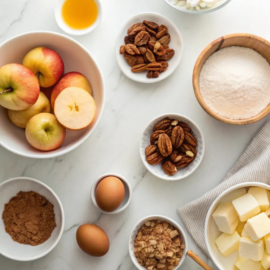 Apples, pecans, flour, butter, brown sugar, cinnamon, eggs, vanilla, and pie dough arranged for apple pecan pie.