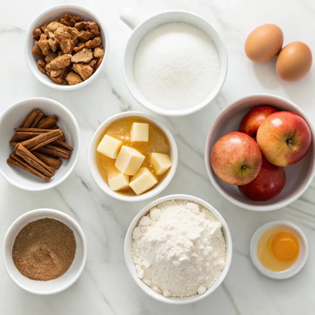 Applesauce, flour, butter, brown sugar, eggs, cinnamon, nutmeg, and pecans arranged for applesauce cake.