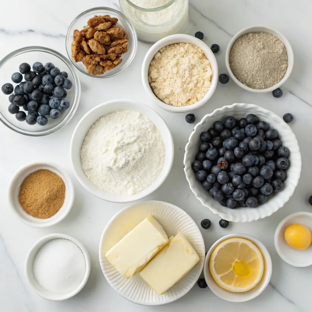 Blueberries, flour, butter, oats, brown sugar, lemon, and pie crust ingredients for homemade blueberry pie.