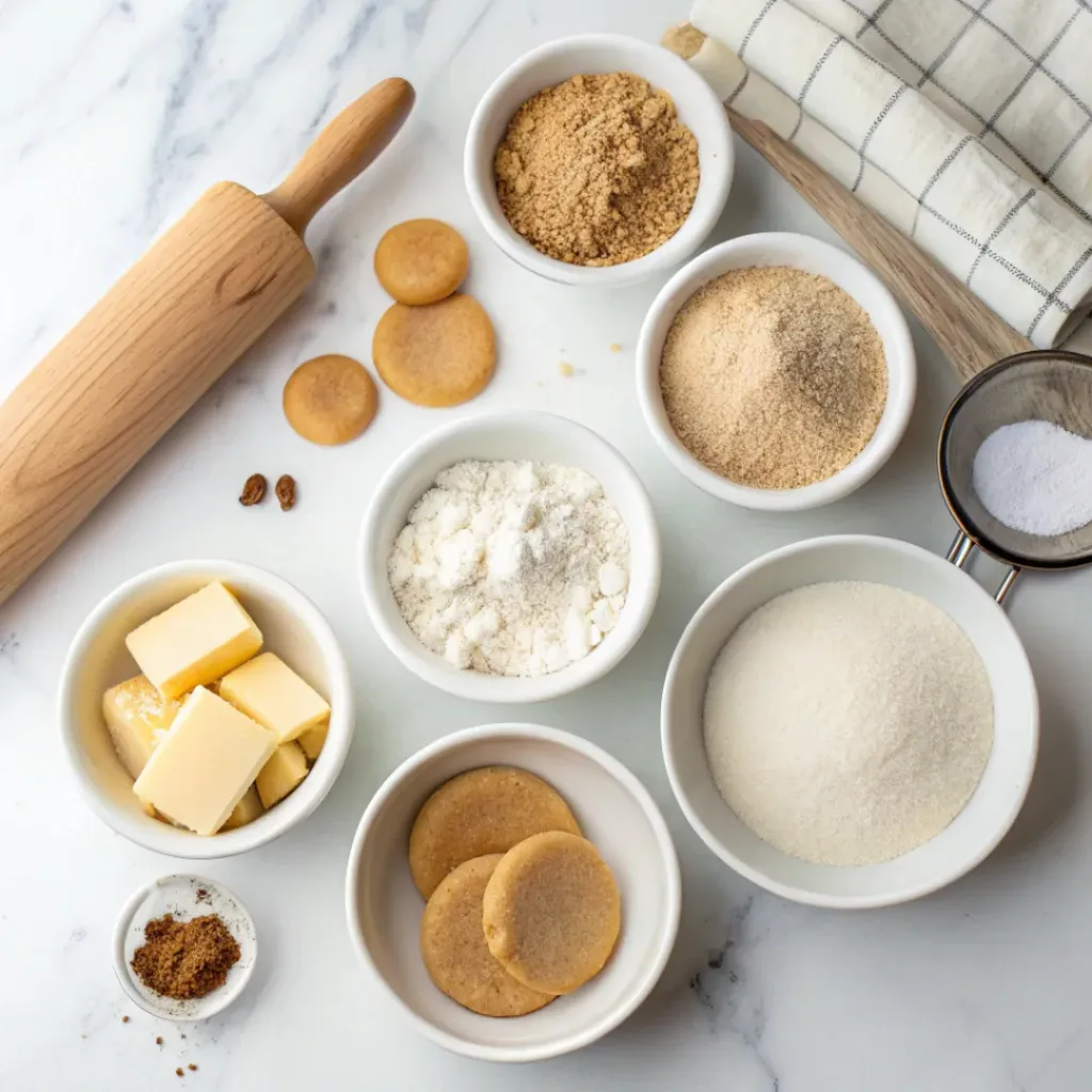 Brown sugar, flour, butter, vanilla, and coarse sugar arranged for homemade brown sugar shortbread cookies.