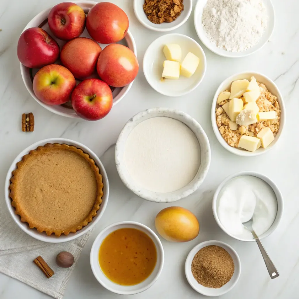 Apples, cream cheese, flour, butter, brown sugar, cinnamon, caramel, and eggs arranged for caramel apple cheesecake pie.