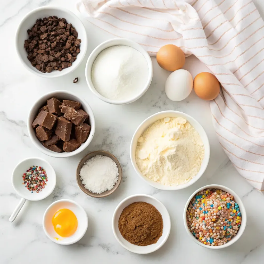 Chocolate Frosted Baked Donuts - Soft Cake Bakery Style Treats 6 Flour, cocoa powder, chocolate, milk, eggs, butter, sugar, vanilla, and sprinkles arranged for baked chocolate donuts.