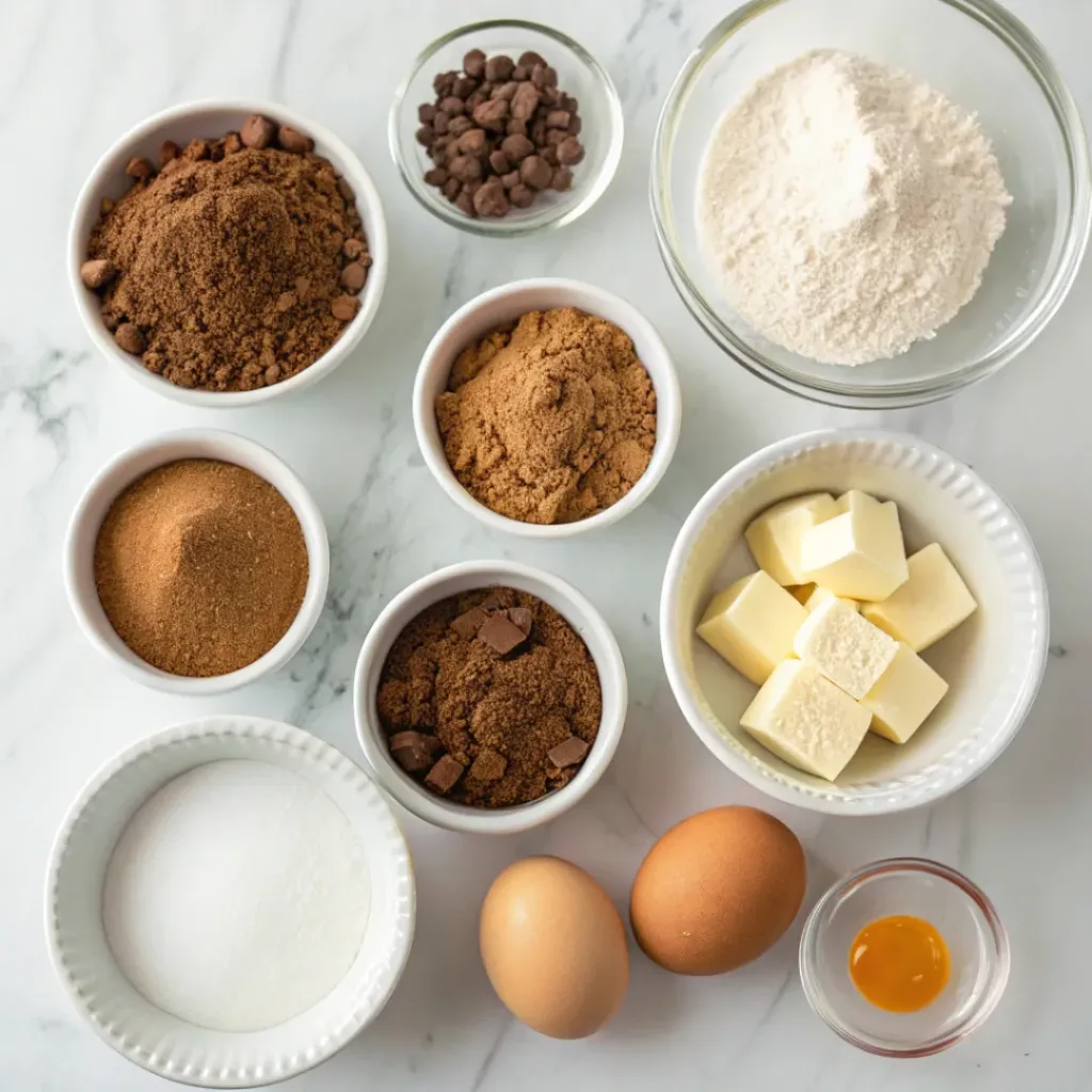 Chocolate Snickerdoodles - Soft Chewy Cinnamon Spiced Cocoa Cookies 6 Cocoa powder, flour, butter, sugar, eggs, cinnamon, vanilla, and baking ingredients for chocolate cookies.