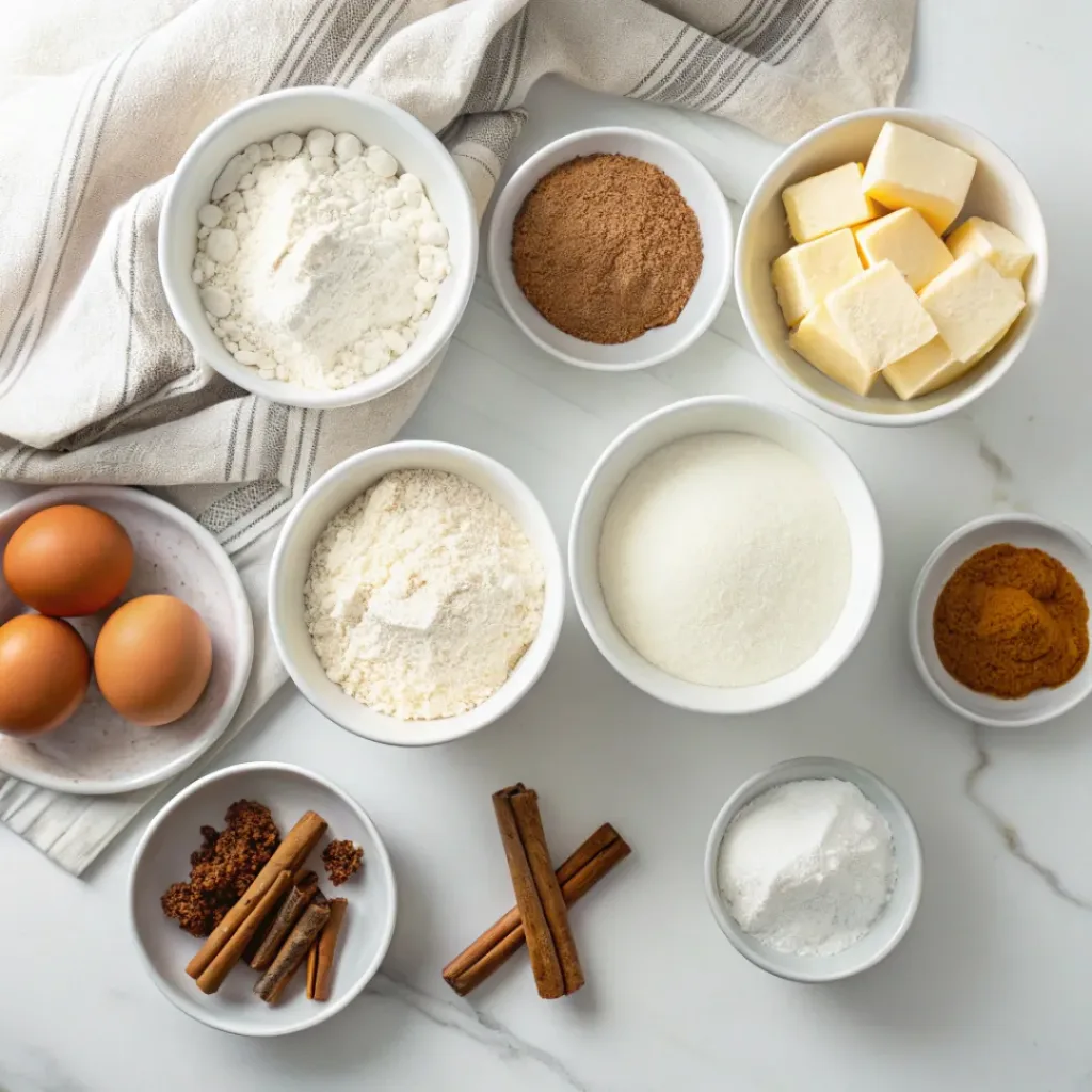 Flour, butter, sugar, eggs, milk, cinnamon, brown sugar, vanilla, and powdered sugar arranged for cinnamon roll cake.