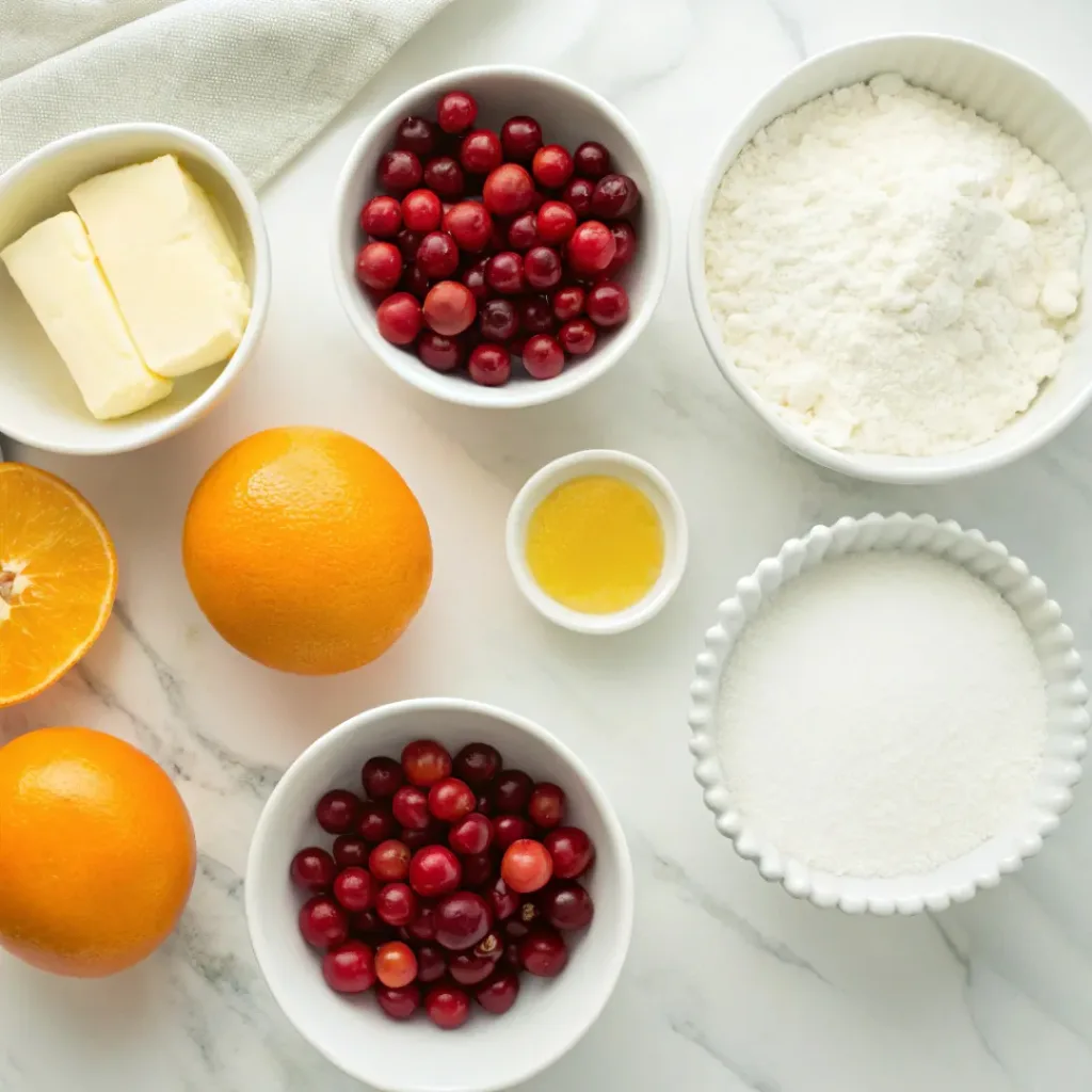 Fresh cranberries, oranges, flour, butter, sugar, eggs, and vanilla arranged for a cranberry orange tart.