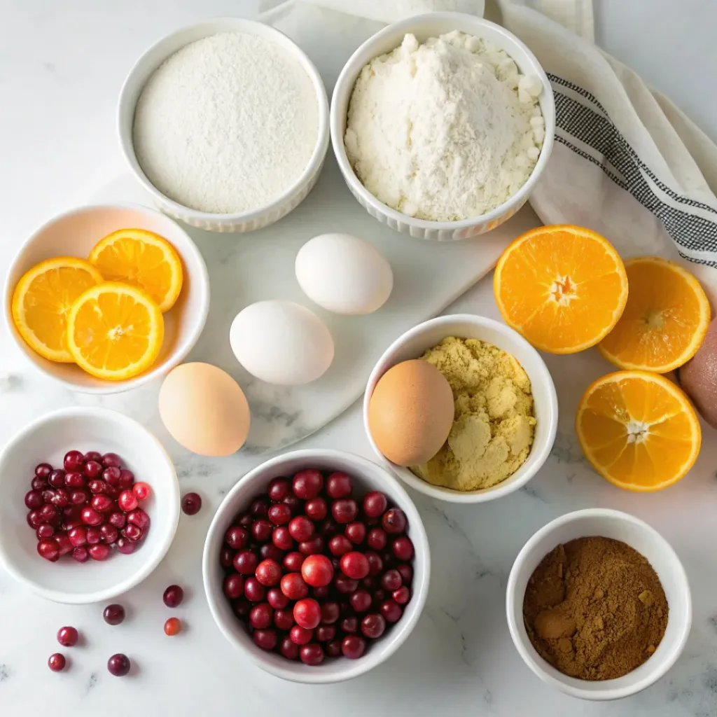 Cranberry Orange Muffins - Moist Bakery-Style Streusel Crumb Treats 6 Cranberries, oranges, flour, butter, sugar, eggs, vanilla, and orange zest arranged for cranberry orange muffins.