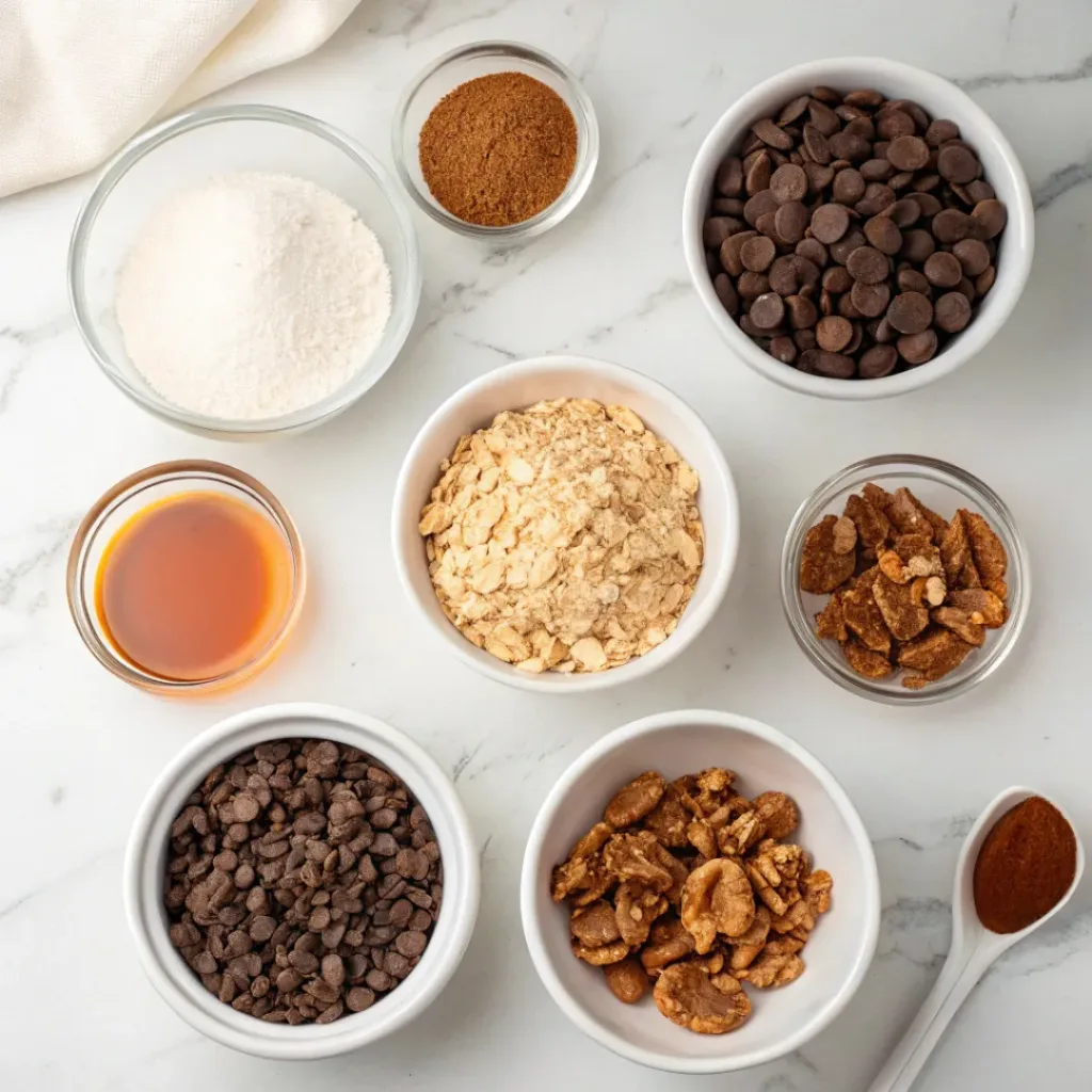 Crunchy Chocolate Granola - Crispy Sweet Cluster Snack 6 Rolled oats, cocoa powder, almonds, chocolate chips, coconut, maple syrup, and ingredients for chocolate granola.