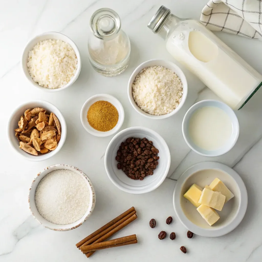 White rice, milk, sugar, butter, vanilla, cinnamon, and raisins arranged for homemade rice pudding.