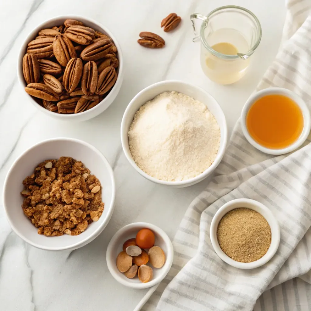 Pecans, honey, flour, butter, brown sugar, eggs, vanilla, and cinnamon arranged for homemade honey pecan pie.