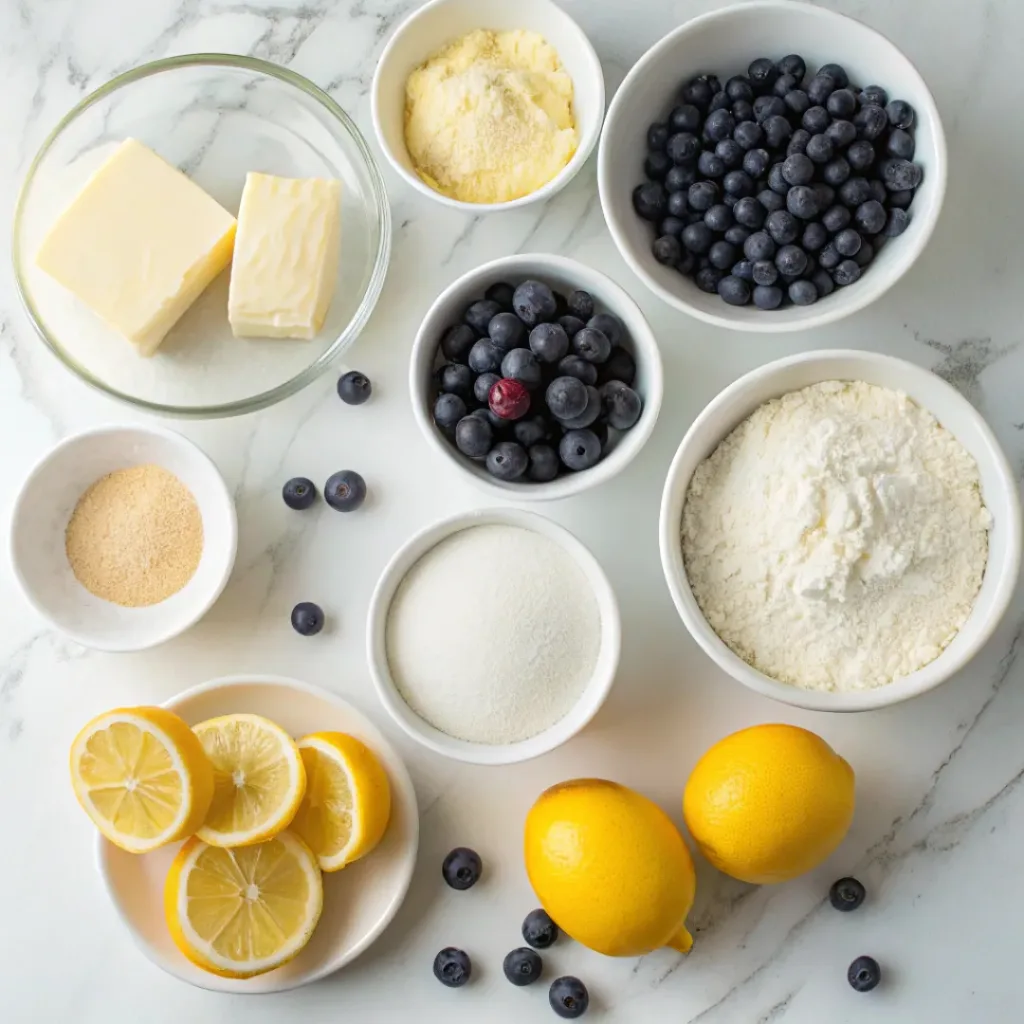 Lemon Blueberry Layer Cake - Fluffy Moist Bakery Dessert 6 Fresh blueberries, lemons, flour, butter, sugar, eggs, cream, and vanilla for lemon blueberry cake.