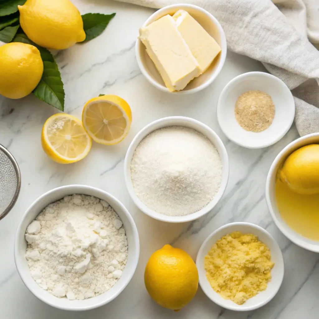 Lemons, flour, butter, powdered sugar, vanilla, and salt arranged for homemade lemon shortbread cookies.