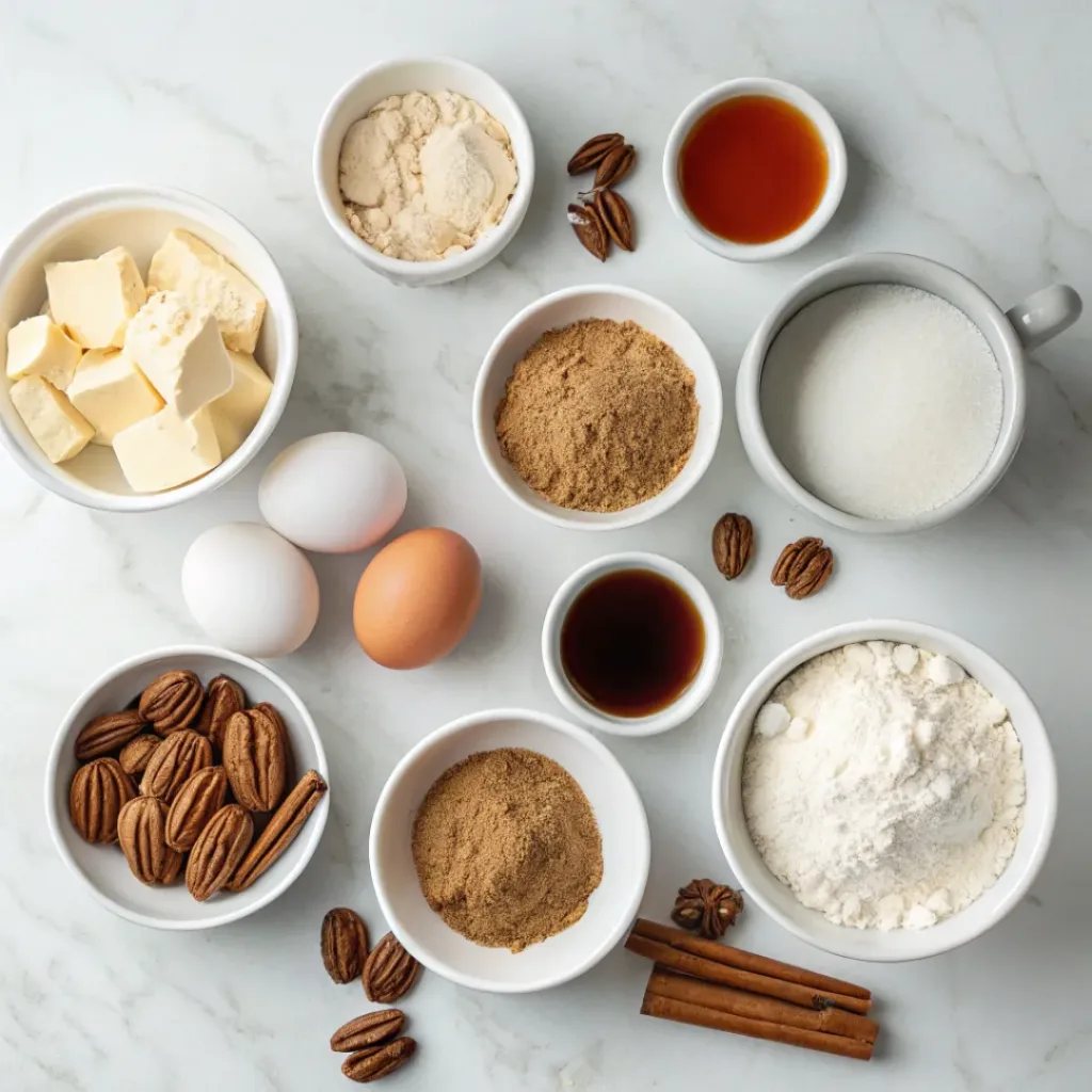 Maple Brown Sugar Cookies - Chewy Glazed Autumn Bakery Treats 6 Flour, brown sugar, butter, maple syrup, eggs, vanilla, cinnamon, and baking ingredients for maple cookies.