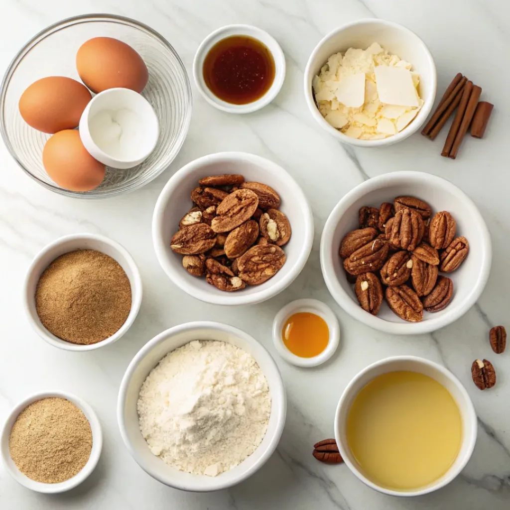 Pecans, maple syrup, flour, butter, sugar, cinnamon, eggs, and vanilla arranged for maple pecan snickerdoodles.