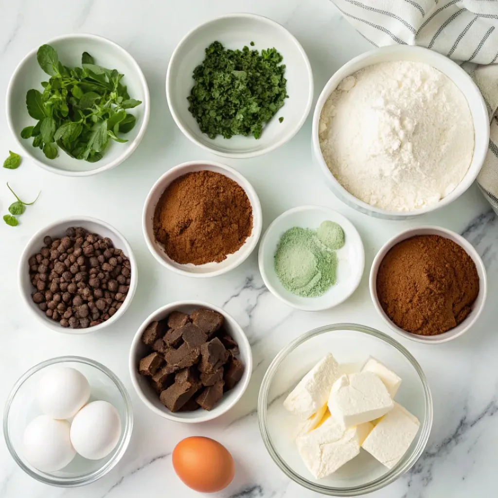 Cocoa powder, flour, chocolate, butter, sugar, eggs, mint, and cream for homemade mint chocolate cake.