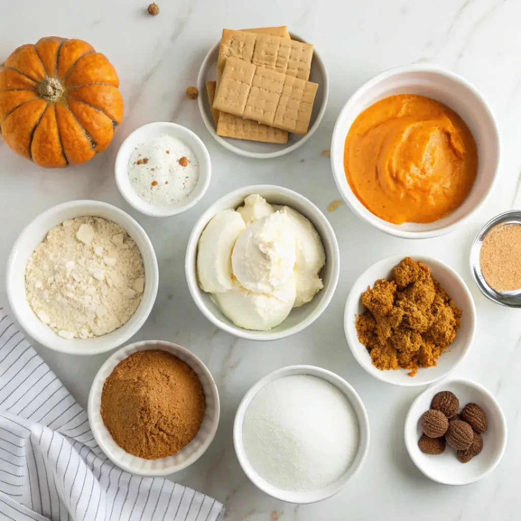 Pumpkin puree, cream cheese, graham crackers, whipped cream, sugar, cinnamon, and pumpkin spice for mousse pie.