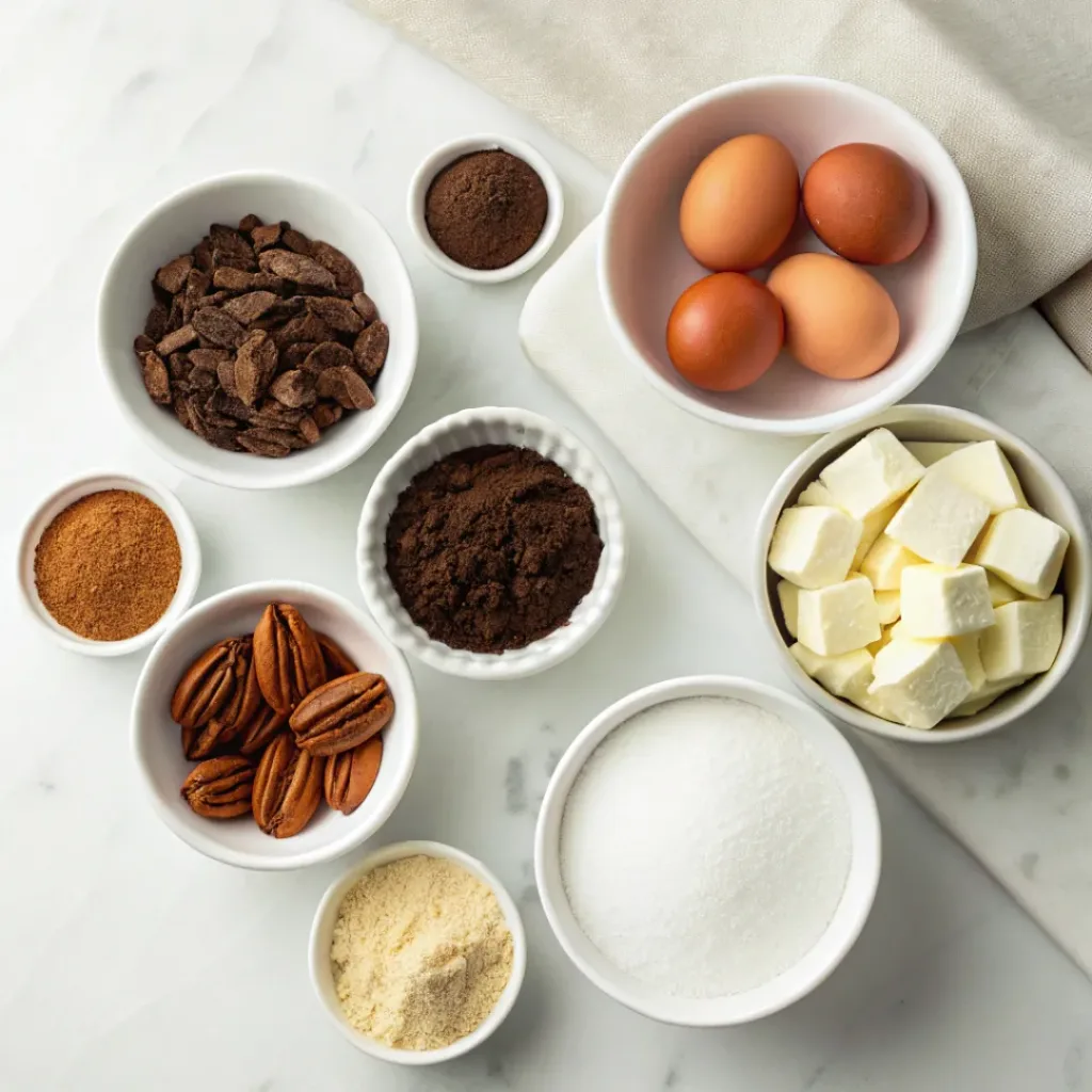 Chocolate, pecans, flour, butter, brown sugar, eggs, cocoa powder, and vanilla for pecan pie brownies.