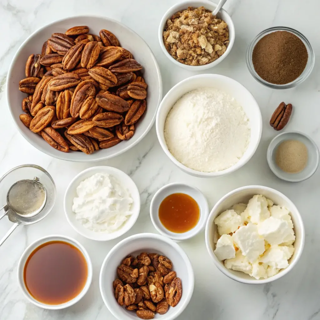 Pecan Pie Trifle - Decadent No-Bake Holiday Showstopper 6 Pecans, cake, cream, brown sugar, butter, vanilla, and whipped cream arranged for pecan pie trifle.