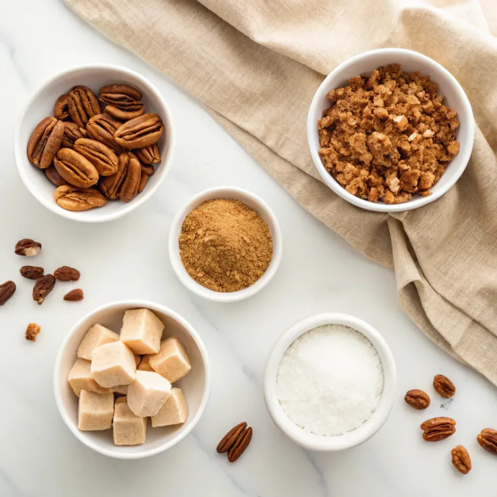 Pecans, brown sugar, granulated sugar, butter, cream, vanilla, and salt arranged for homemade pecan pralines.