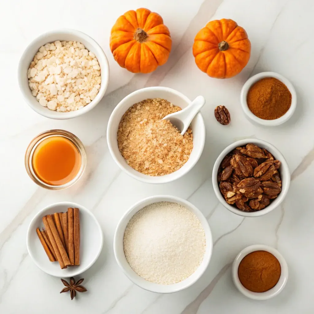 Pumpkin puree, rolled oats, maple syrup, eggs, milk, pecans, cinnamon, and spices for baked oatmeal.