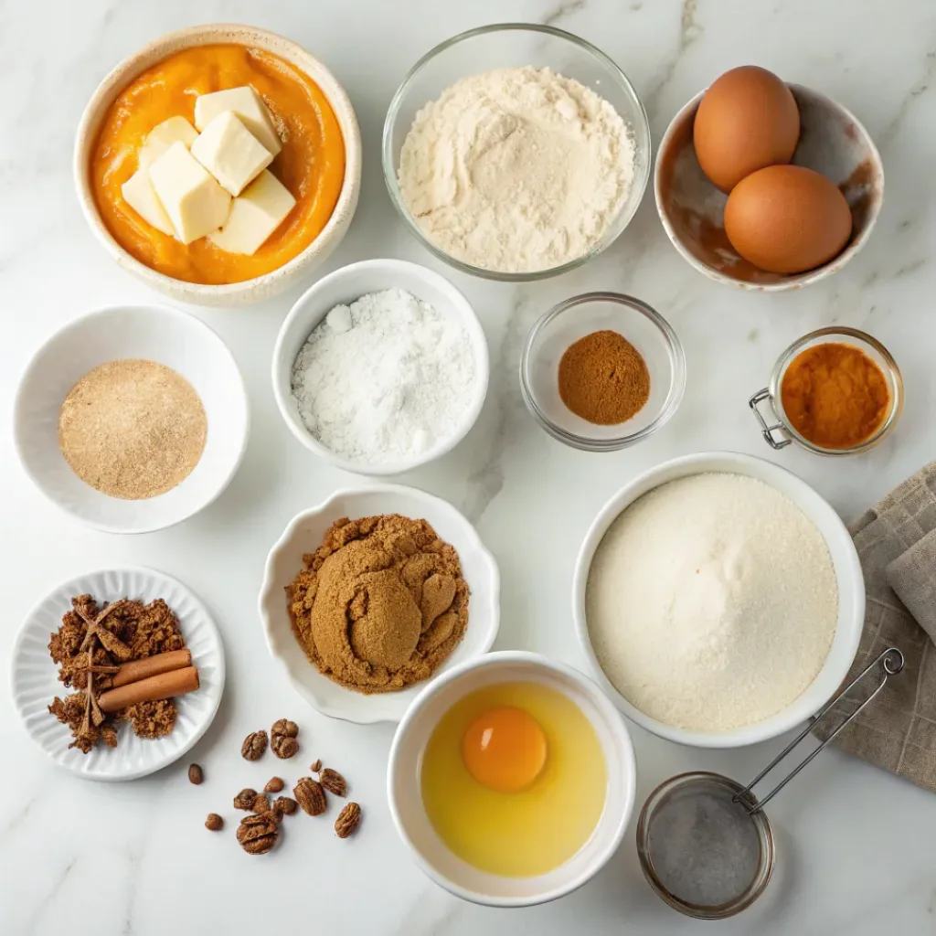 Pumpkin puree, flour, eggs, butter, sugar, cinnamon, pumpkin spice, vanilla, and milk for Bundt cake.