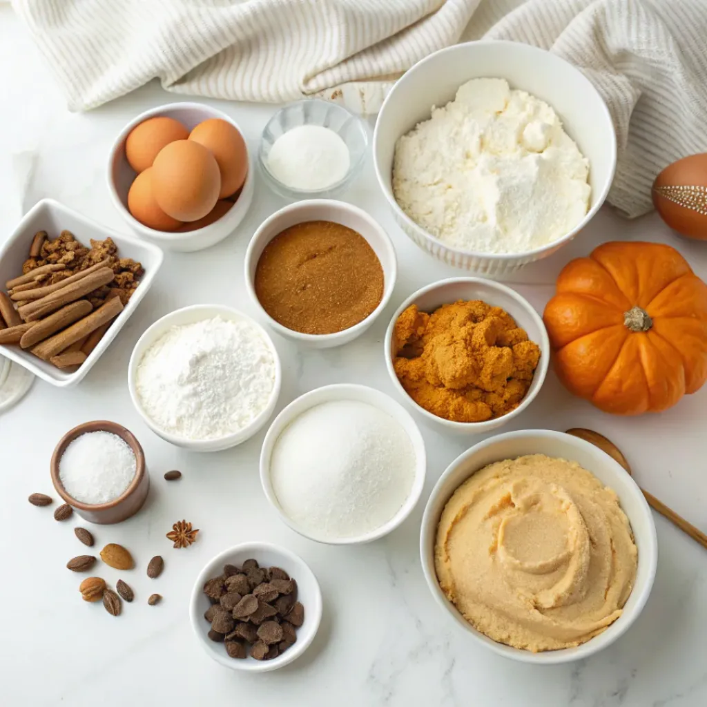 Pumpkin Cheesecake Trifle - Creamy No-Bake Autumn Layered Dessert 6 Pumpkin puree, cream cheese, cake, whipped cream, sugar, cinnamon, and pecans arranged for pumpkin cheesecake trifle.