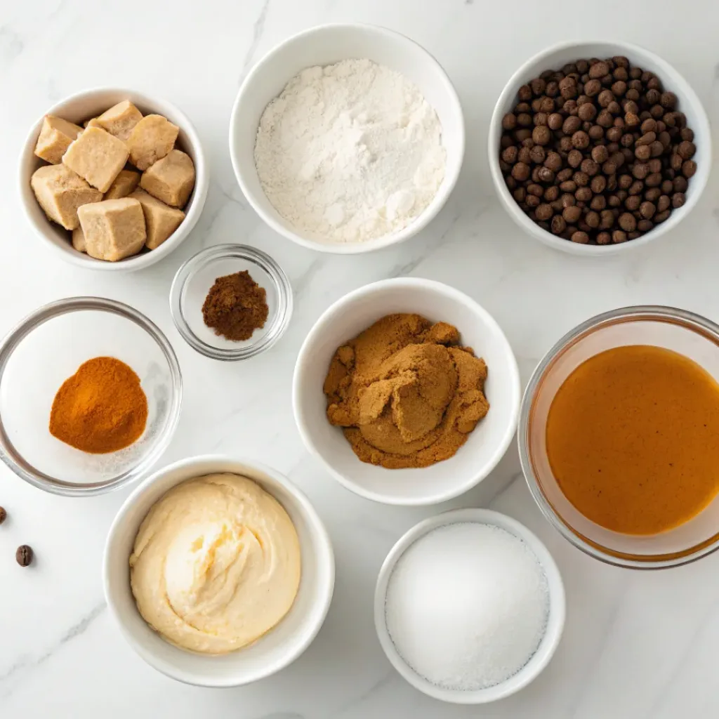 Pumpkin puree, flour, coffee, butter, sugar, eggs, cinnamon, and pumpkin spice for cupcakes.